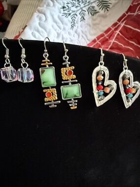 New Women’s Set of 3 Earrings Crystal squares 1”, hearts 1.5” & squares 1 3/4”